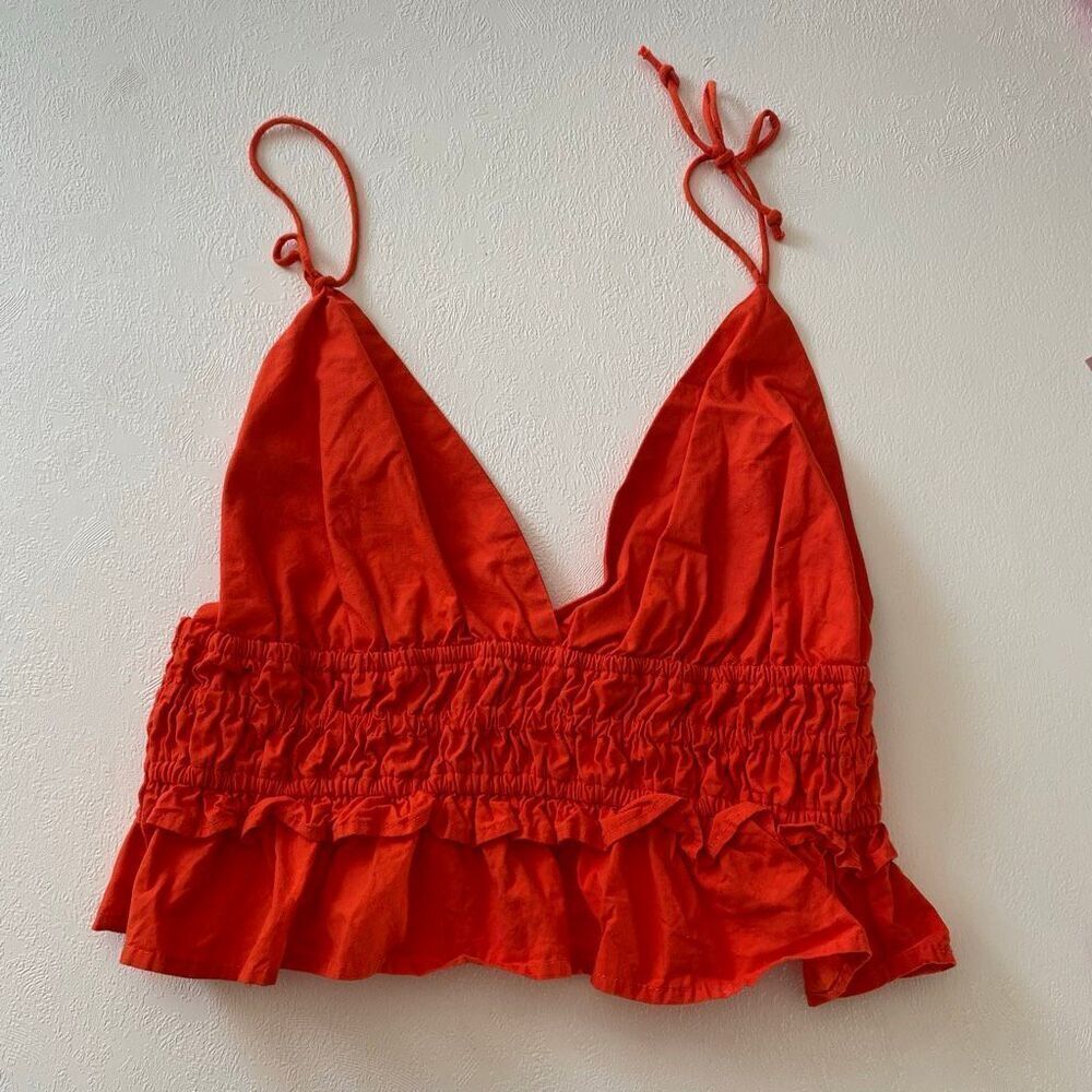 Sim & Sam Red Ruffle Crop Top M Boho Summer Peplum Tank Adjustable Straps
